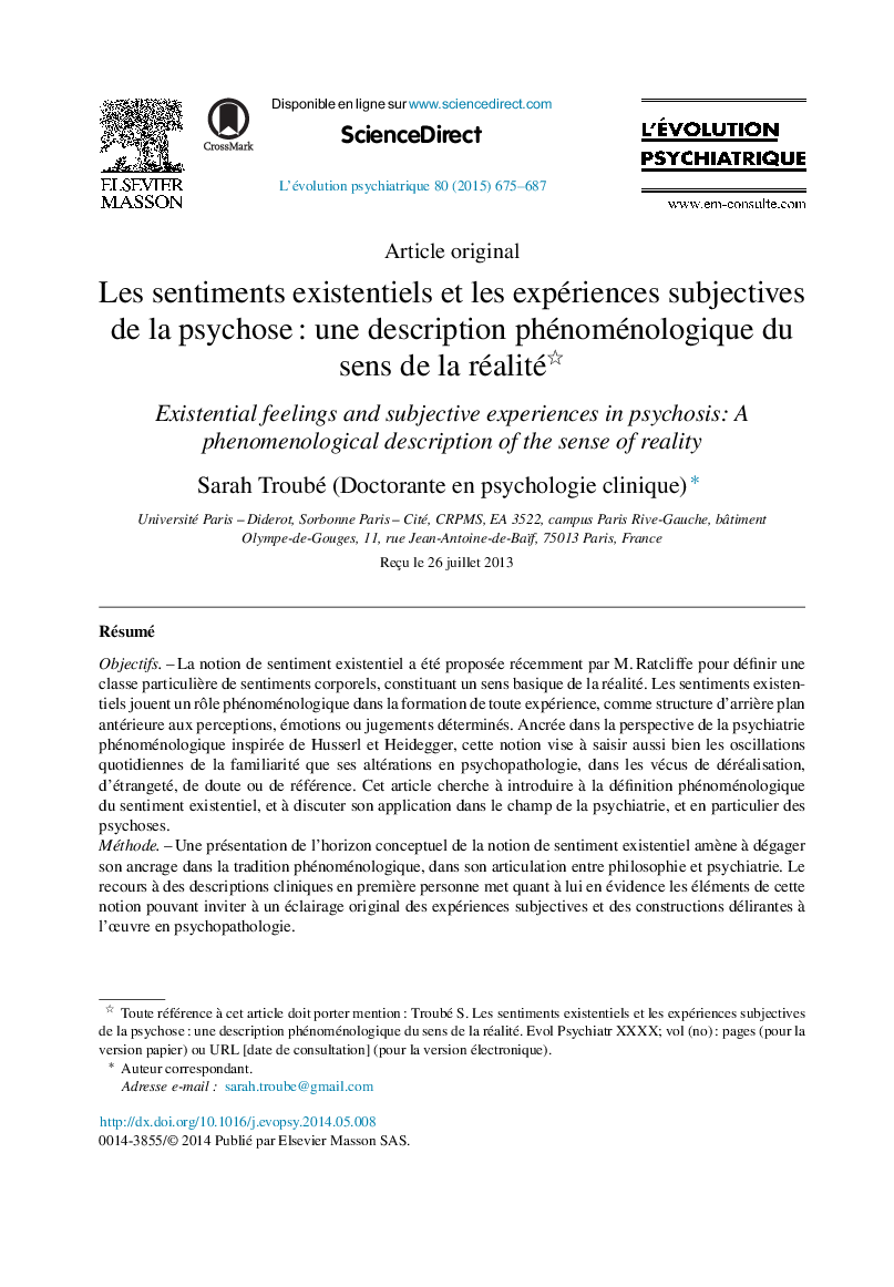 Les sentiments existentiels et les expériences subjectives de la psychoseÂ : une description phénoménologique du sens de la réalité