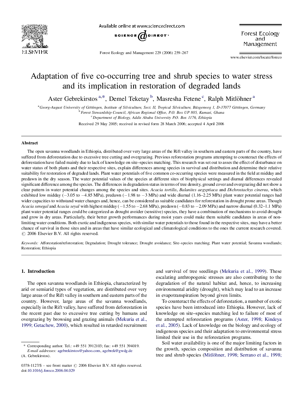 Adaptation of five co-occurring tree and shrub species to water stress and its implication in restoration of degraded lands