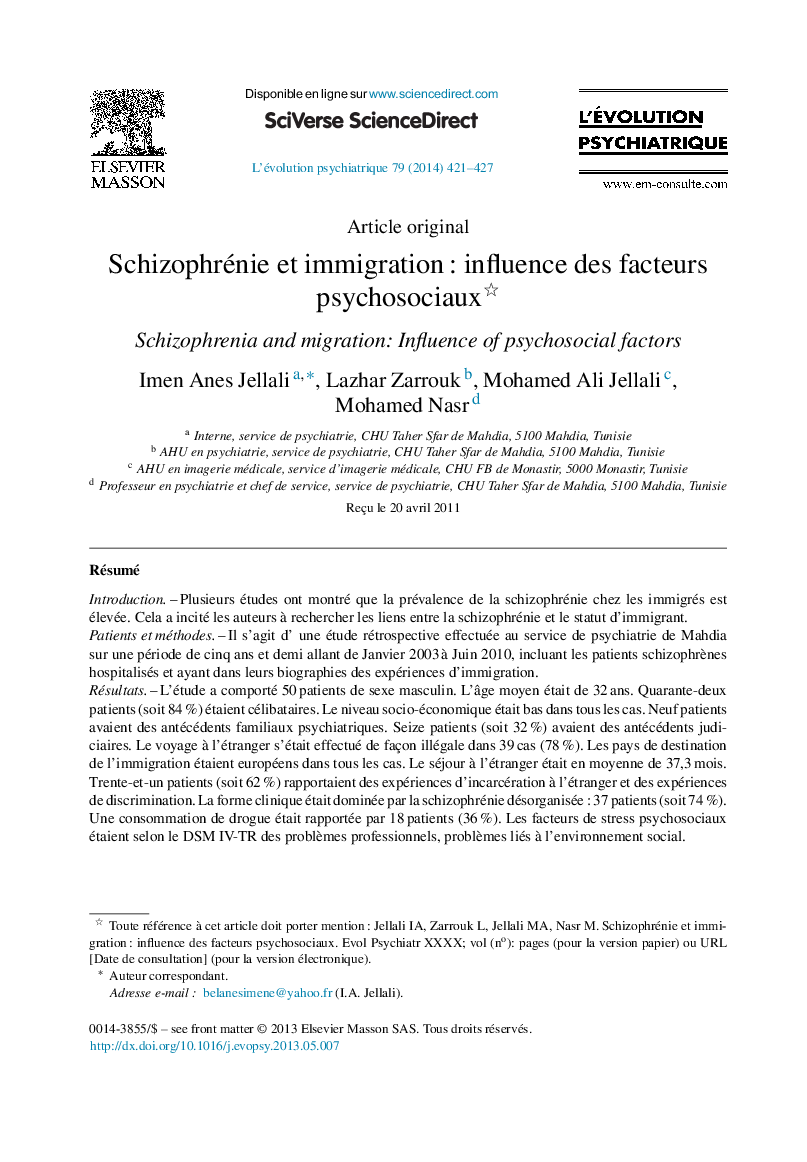 Schizophrénie et immigration : influence des facteurs psychosociaux 