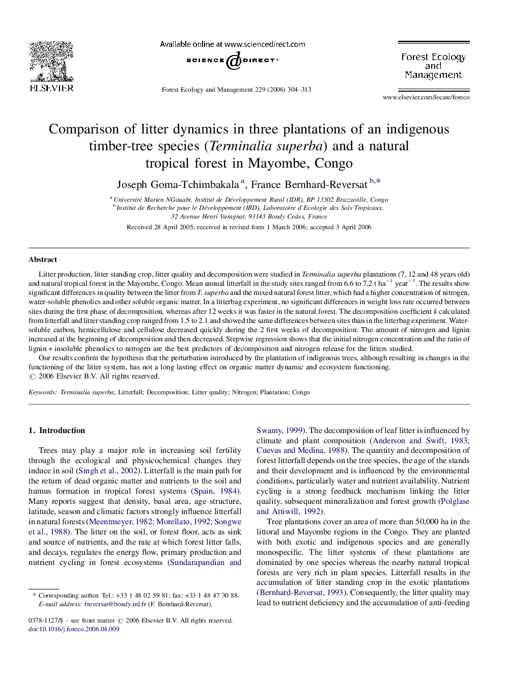 Comparison of litter dynamics in three plantations of an indigenous timber-tree species (Terminalia superba) and a natural tropical forest in Mayombe, Congo