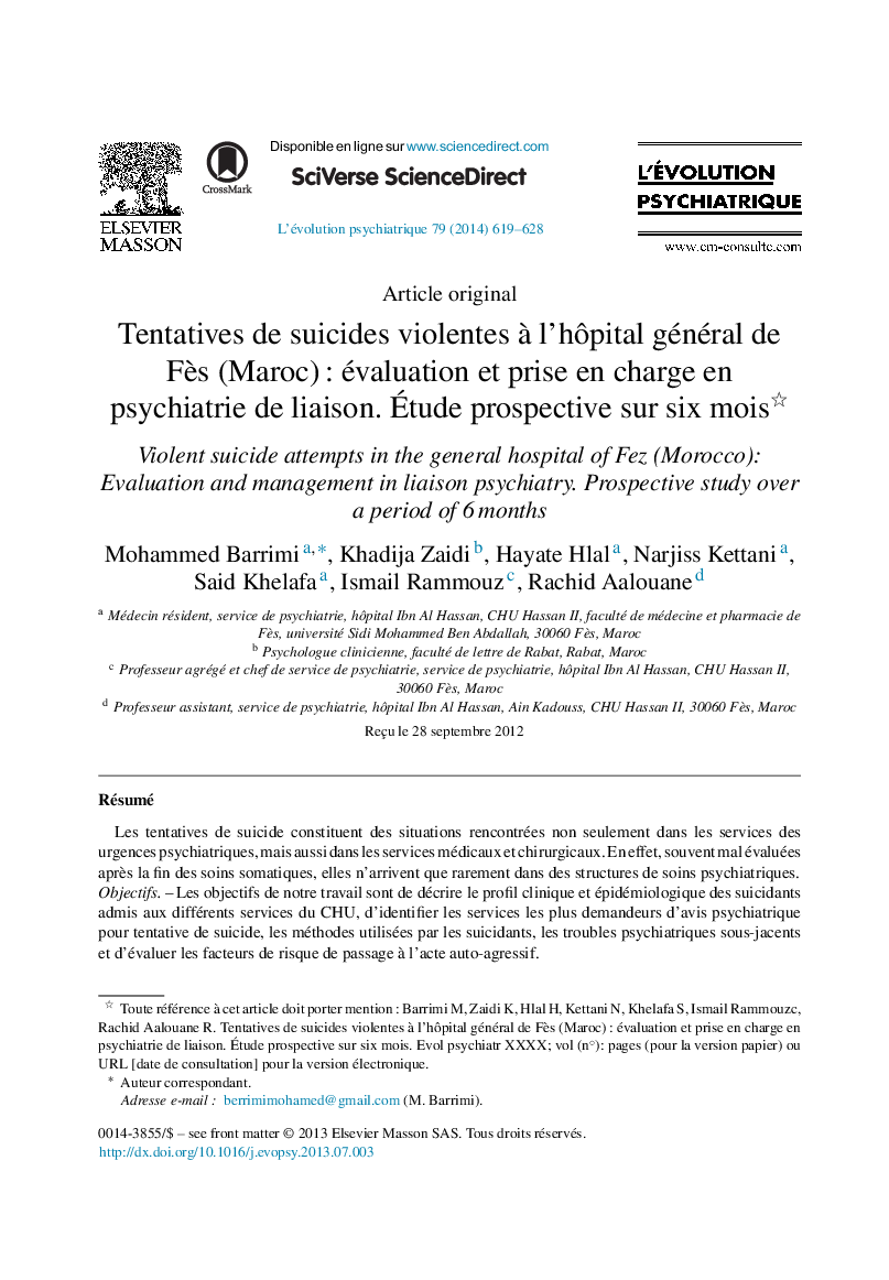 Tentatives de suicides violentes à l’hôpital général de Fès (Maroc) : évaluation et prise en charge en psychiatrie de liaison. Étude prospective sur six mois 