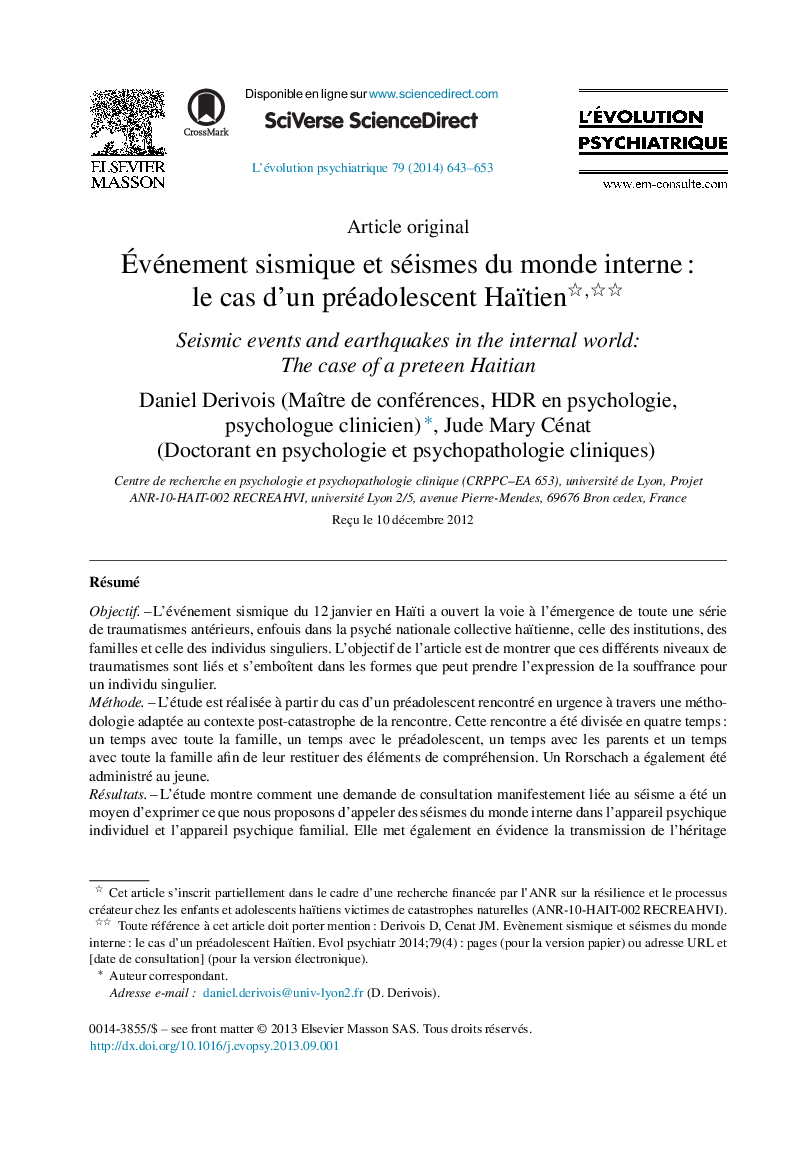 Événement sismique et séismes du monde interne : le cas d’un préadolescent Haïtien 