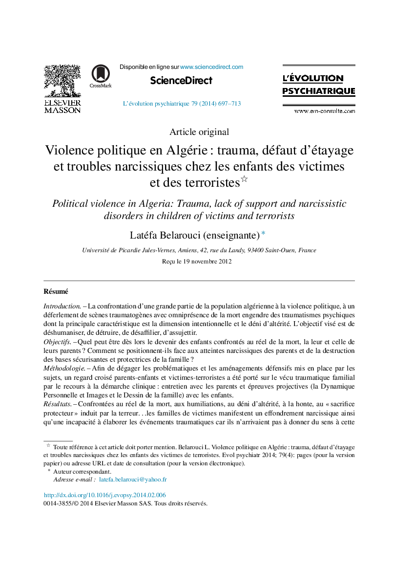 Violence politique en Algérie : trauma, défaut d’étayage et troubles narcissiques chez les enfants des victimes et des terroristes 