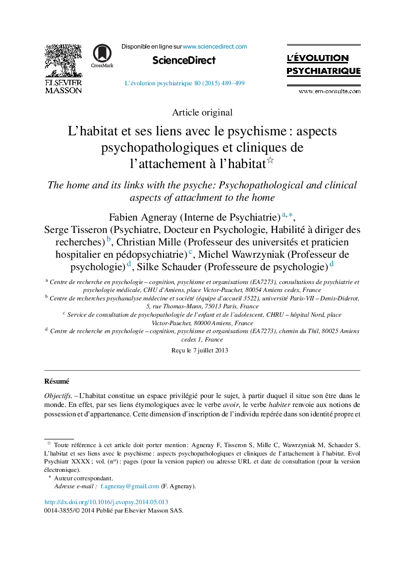 L'habitat et ses liens avec le psychismeÂ : aspects psychopathologiques et cliniques de l'attachement Ã  l'habitat