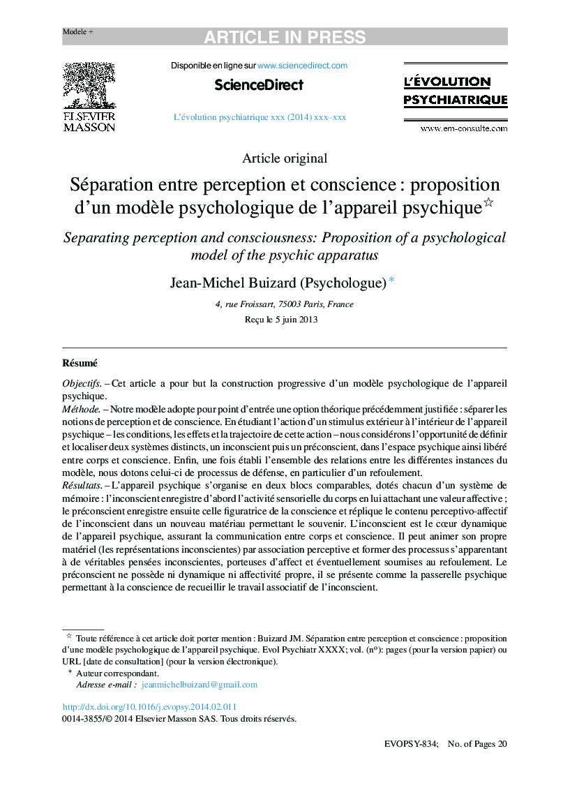 Séparation entre perception et conscienceÂ : proposition d'un modÃ¨le psychologique de l'appareil psychique