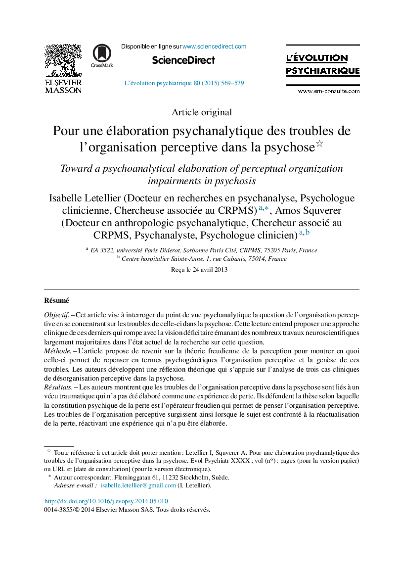 Pour une élaboration psychanalytique des troubles de l’organisation perceptive dans la psychose 