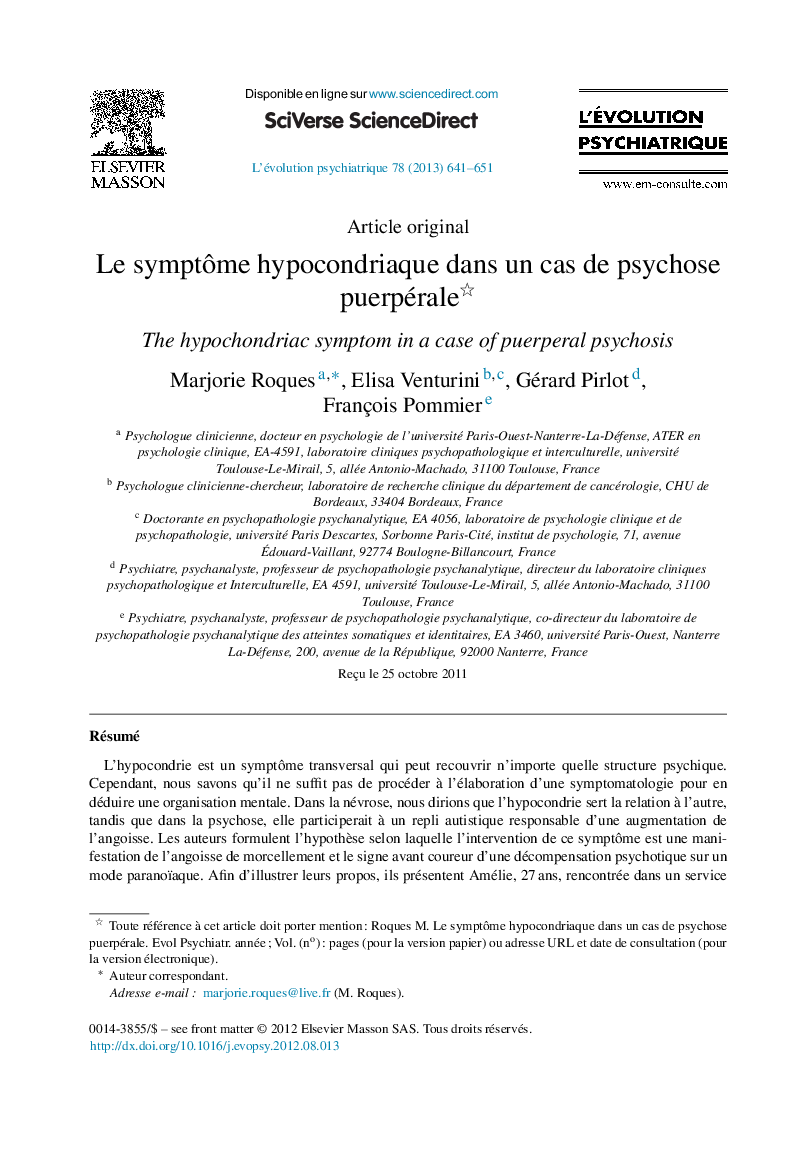 Le symptôme hypocondriaque dans un cas de psychose puerpérale 