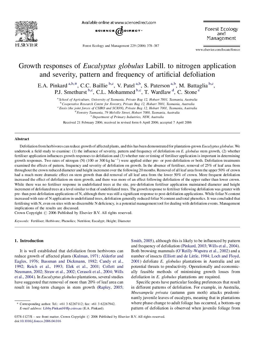 Growth responses of Eucalyptus globulus Labill. to nitrogen application and severity, pattern and frequency of artificial defoliation