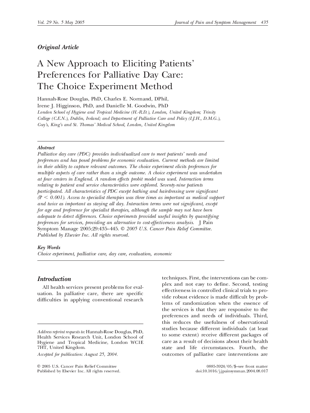 A New Approach to Eliciting Patients' Preferences for Palliative Day Care: The Choice Experiment Method