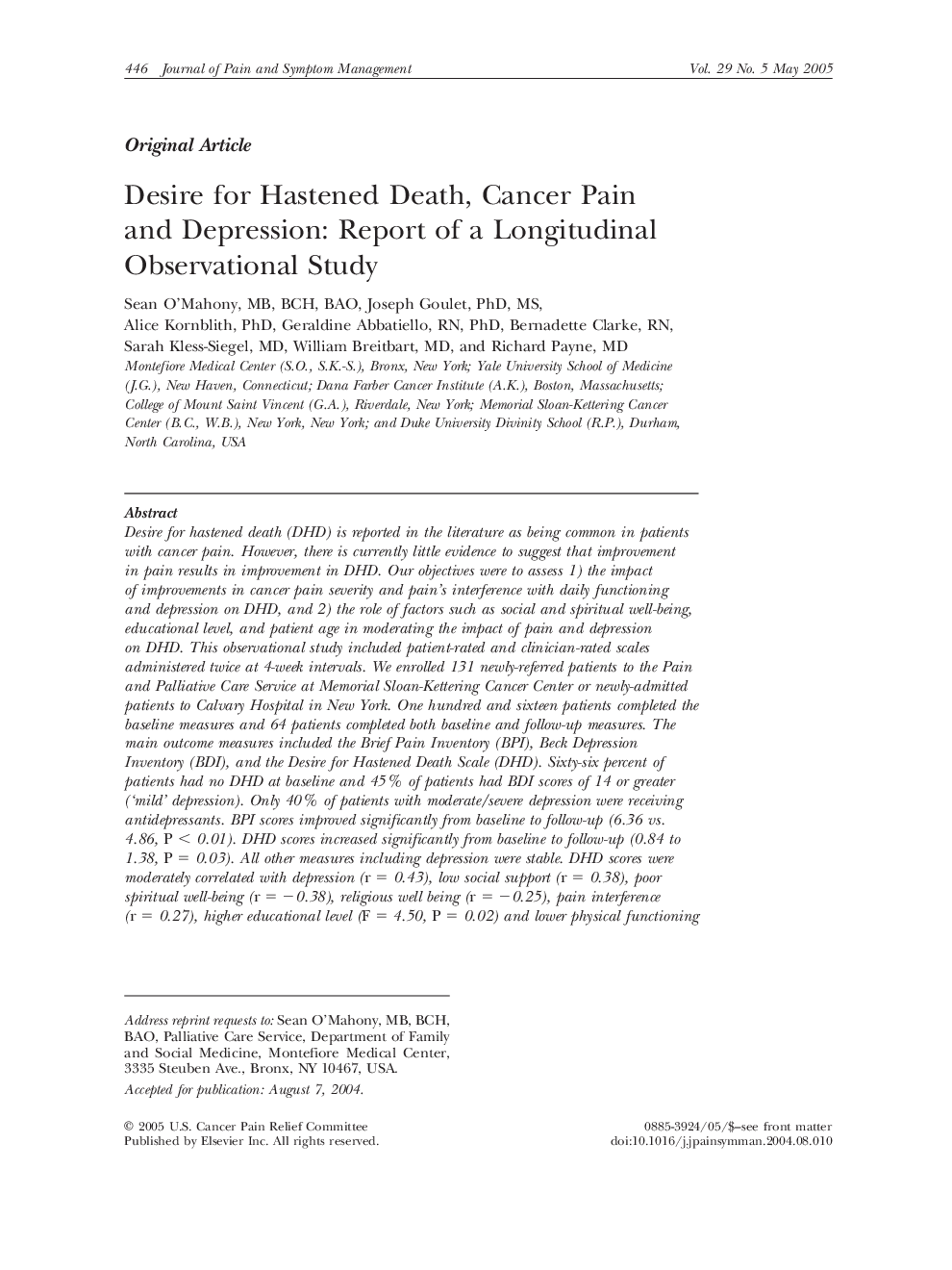 Desire for Hastened Death, Cancer Pain and Depression: Report of a Longitudinal Observational Study