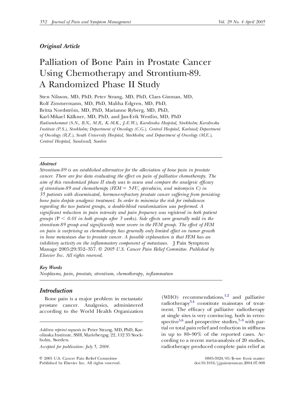 Palliation of Bone Pain in Prostate Cancer Using Chemotherapy and Strontium-89. A Randomized Phase II Study