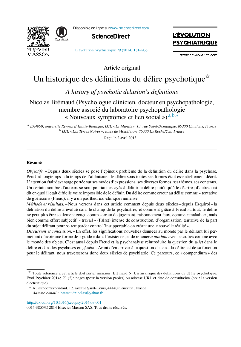 Un historique des définitions du délire psychotique 