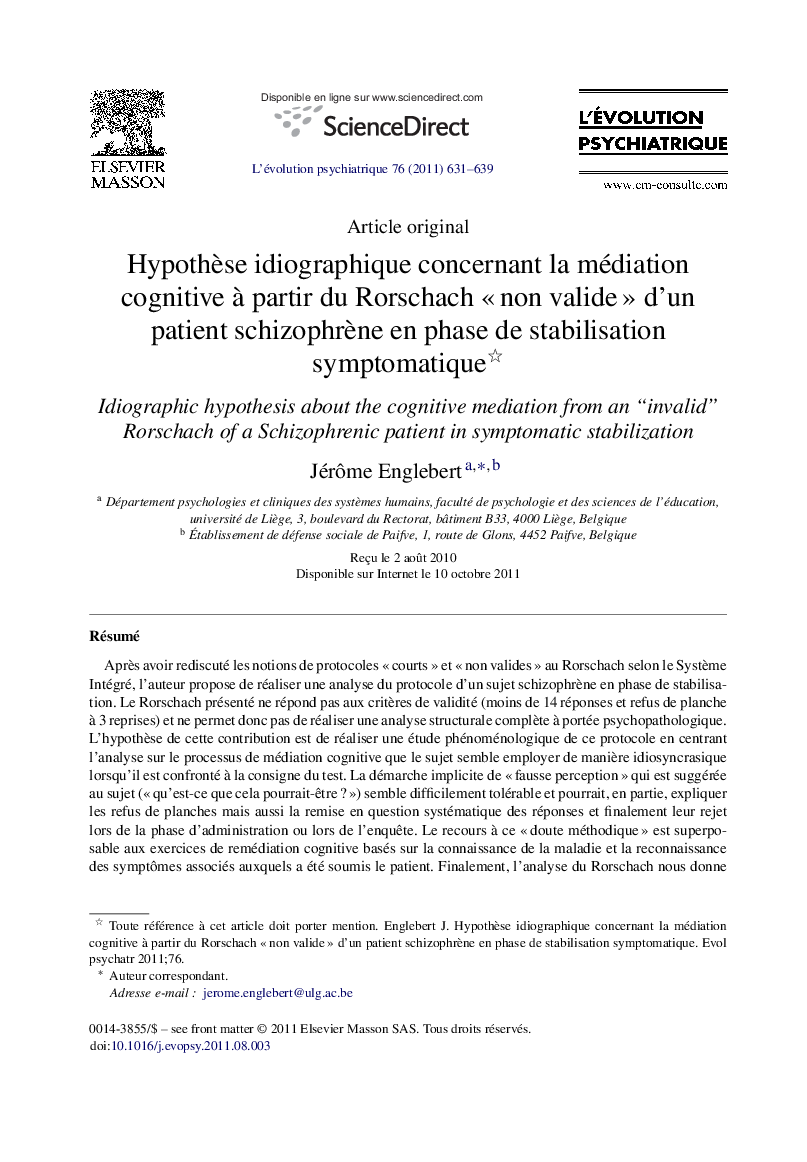 Hypothèse idiographique concernant la médiation cognitive à partir du Rorschach « non valide » d’un patient schizophrène en phase de stabilisation symptomatique 