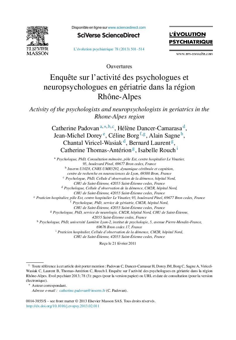 Enquête sur l’activité des psychologues et neuropsychologues en gériatrie dans la région Rhône-Alpes 