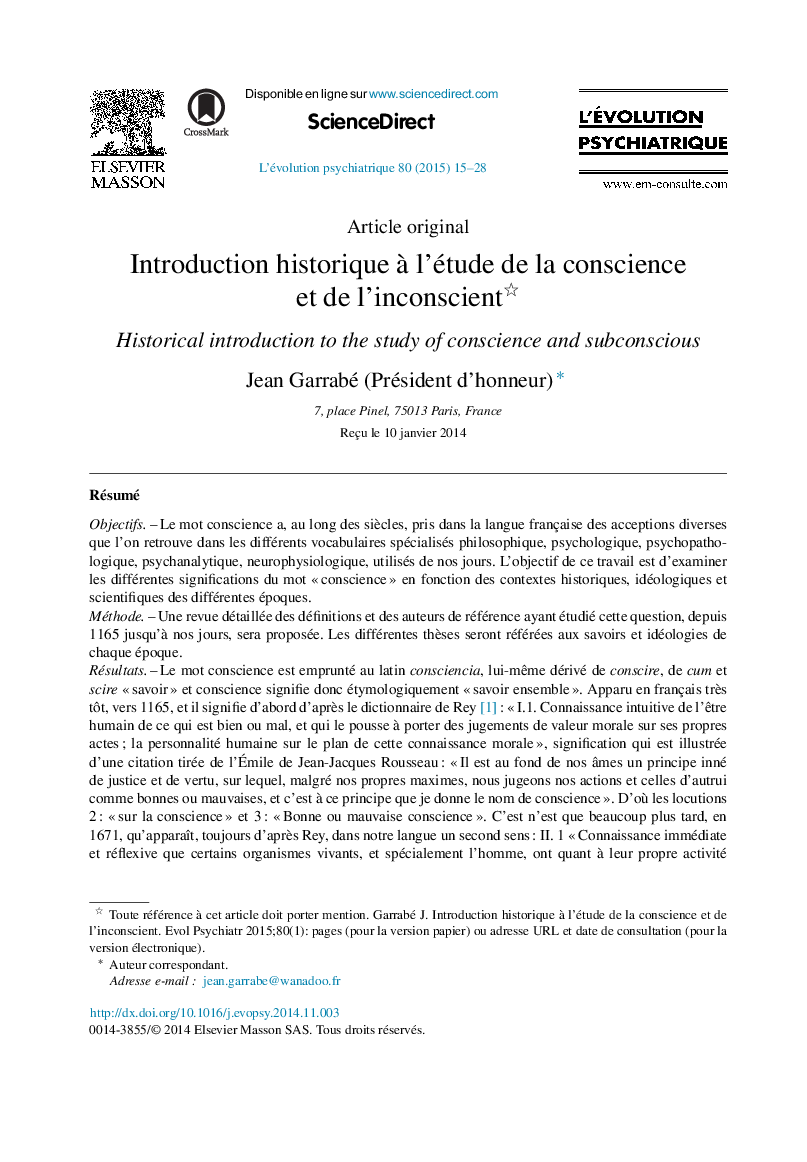 Introduction historique à l’étude de la conscience et de l’inconscient 