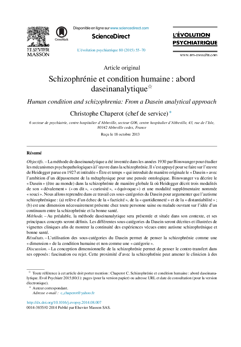 Schizophrénie et condition humaine : abord daseinanalytique 