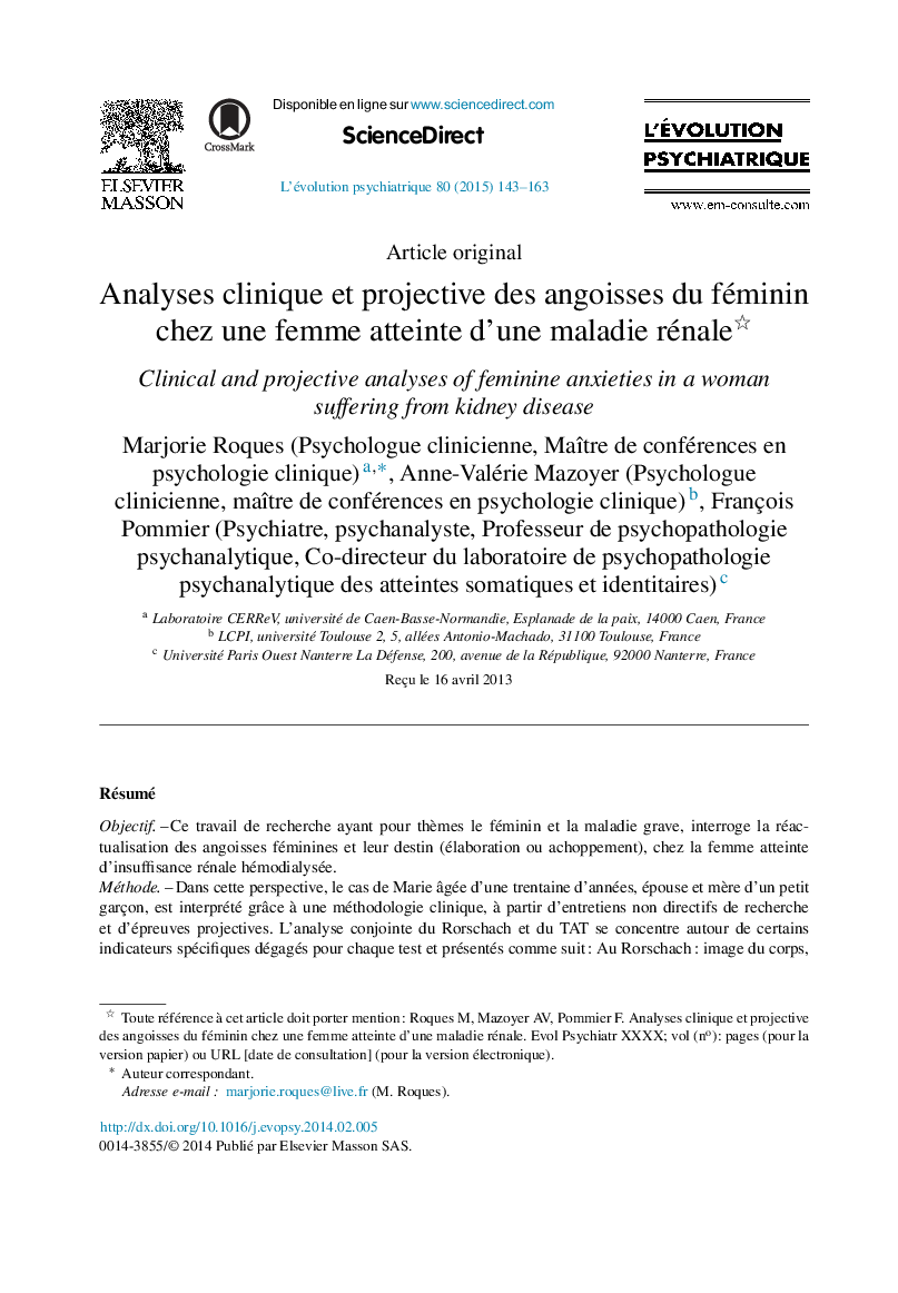 Analyses clinique et projective des angoisses du féminin chez une femme atteinte d’une maladie rénale 