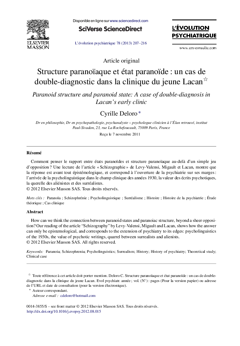 Structure paranoïaque et état paranoïde : un cas de double-diagnostic dans la clinique du jeune Lacan 