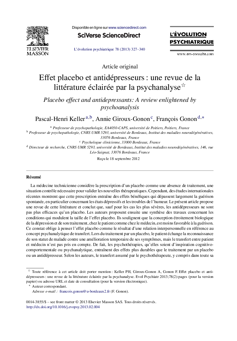 Effet placebo et antidépresseurs : une revue de la littérature éclairée par la psychanalyse 