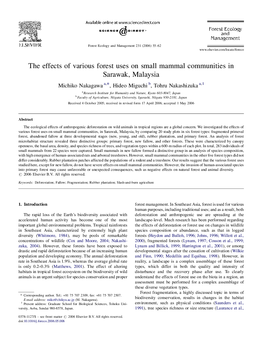 The effects of various forest uses on small mammal communities in Sarawak, Malaysia