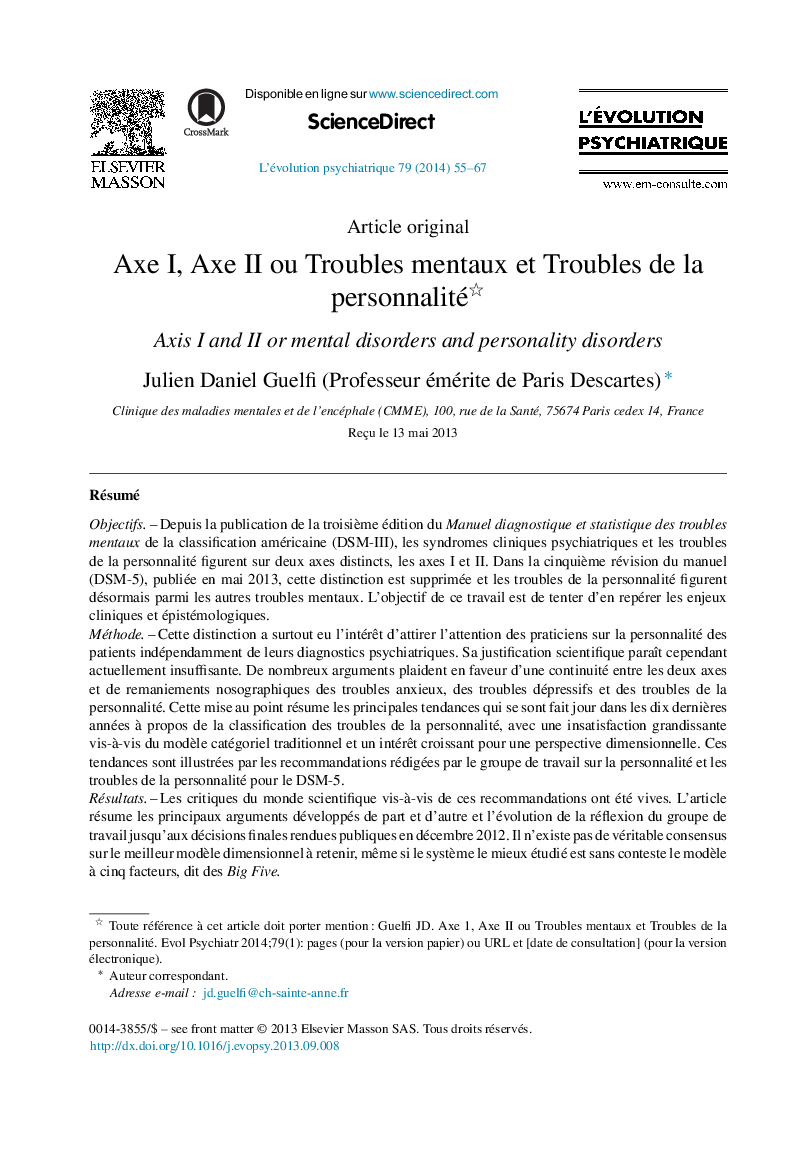 Axe I, Axe II ou Troubles mentaux et Troubles de la personnalité 