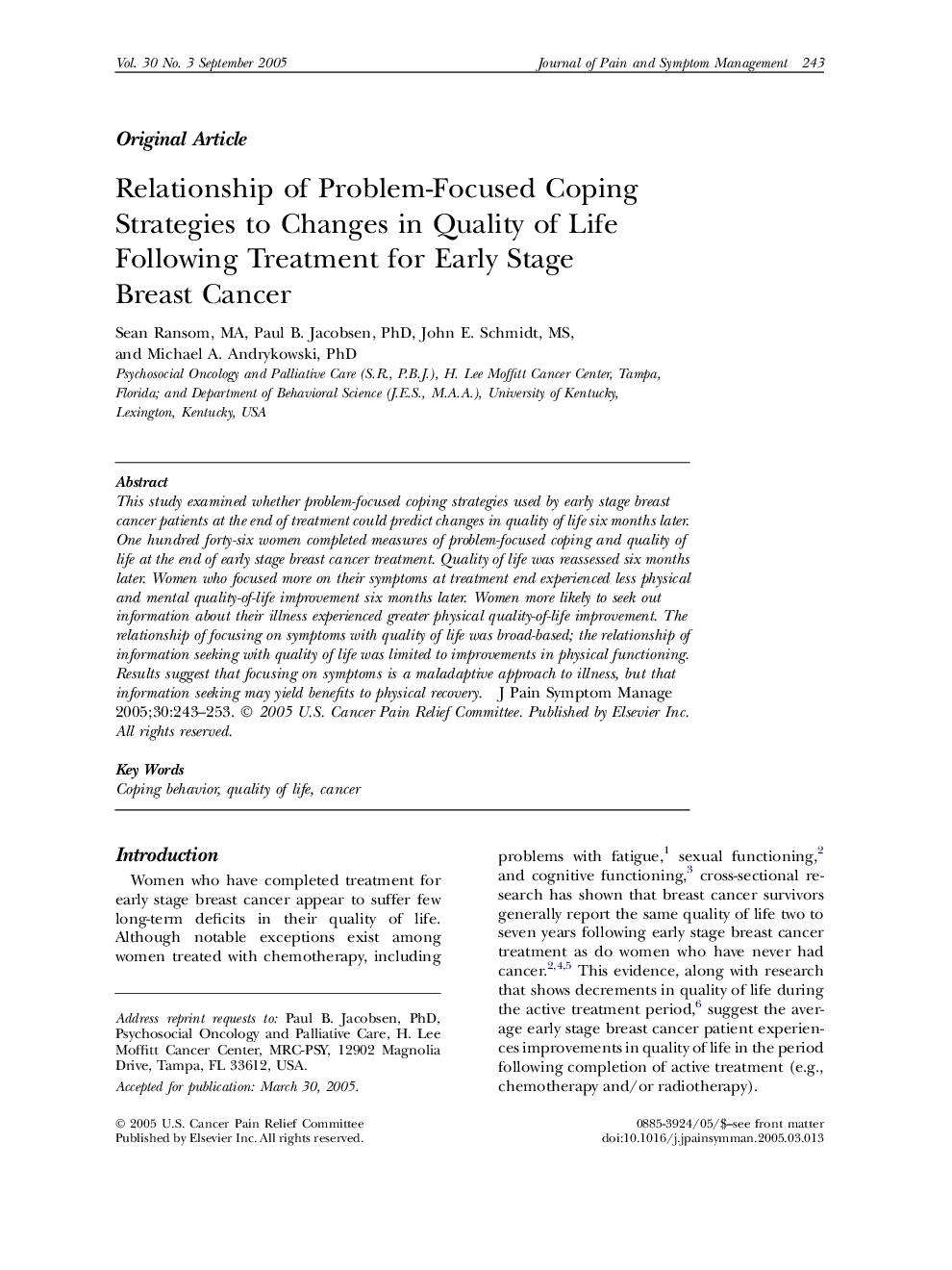 Relationship of Problem-Focused Coping Strategies to Changes in Quality of Life Following Treatment for Early Stage Breast Cancer