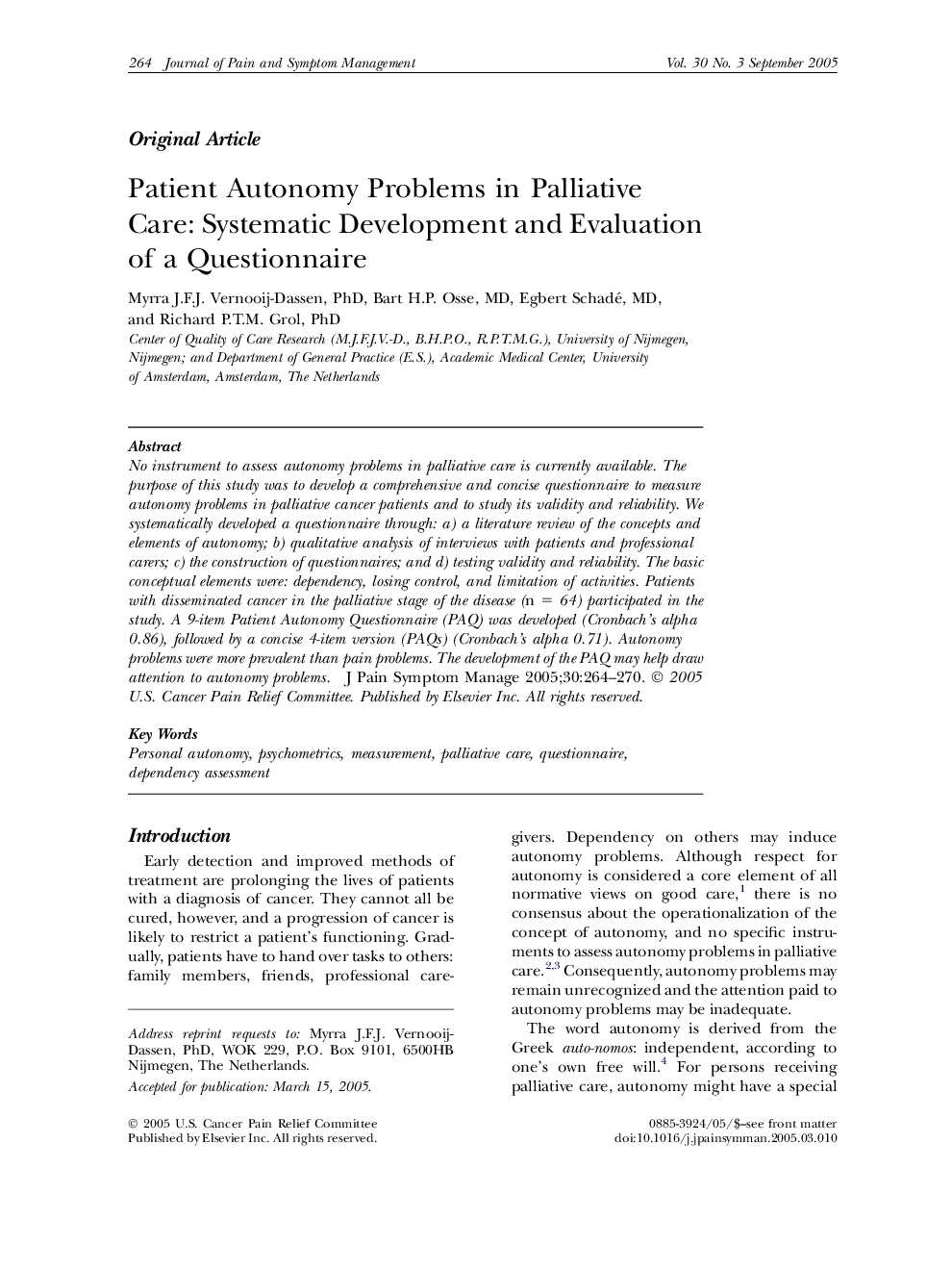 Patient Autonomy Problems in Palliative Care: Systematic Development and Evaluation of a Questionnaire