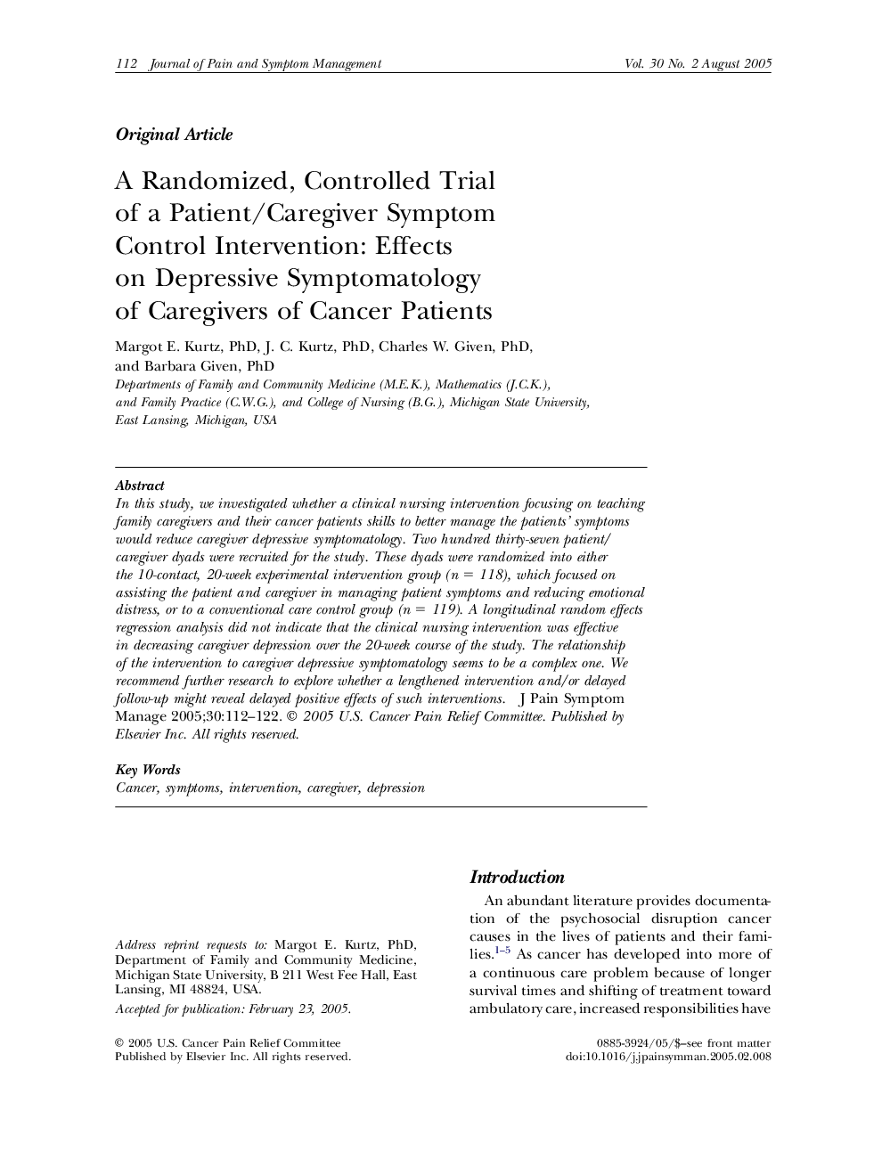 A Randomized, Controlled Trial of a Patient/Caregiver Symptom Control Intervention: Effects on Depressive Symptomatology of Caregivers of Cancer Patients