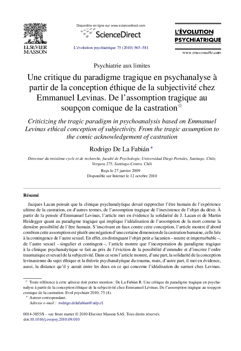 Une critique du paradigme tragique en psychanalyse à partir de la conception éthique de la subjectivité chez Emmanuel Levinas. De l’assomption tragique au soupçon comique de la castration 