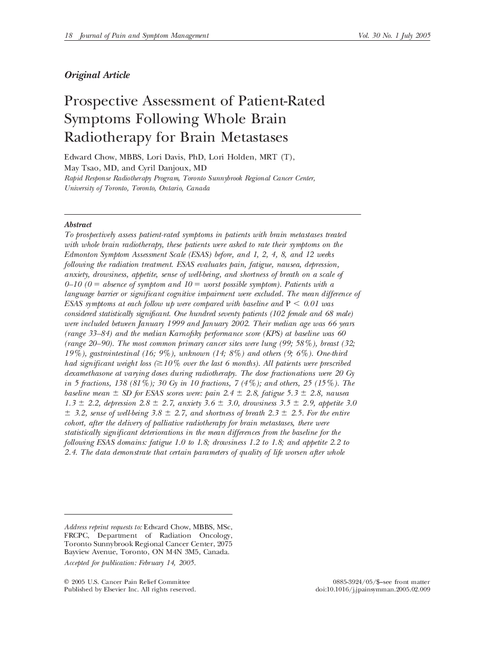 Prospective Assessment of Patient-Rated Symptoms Following Whole Brain Radiotherapy for Brain Metastases