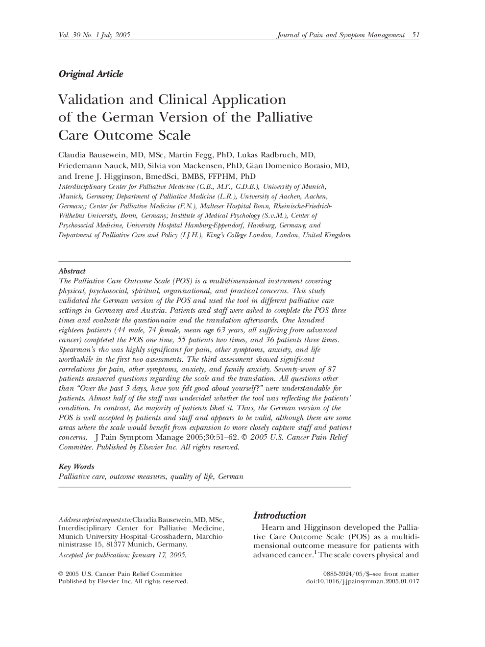 Validation and Clinical Application of the German Version of the Palliative Care Outcome Scale