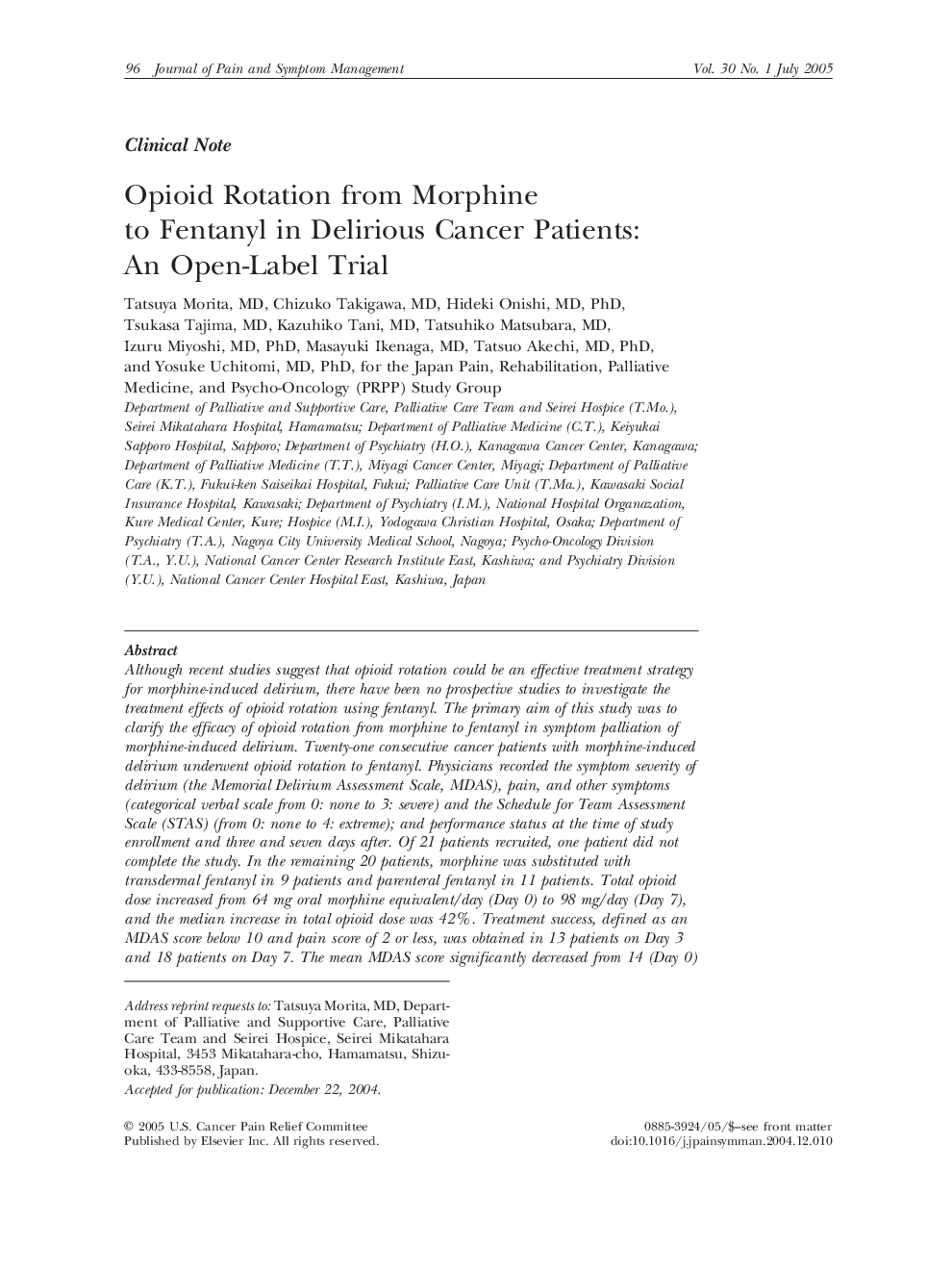 Opioid Rotation from Morphine to Fentanyl in Delirious Cancer Patients: An Open-Label Trial