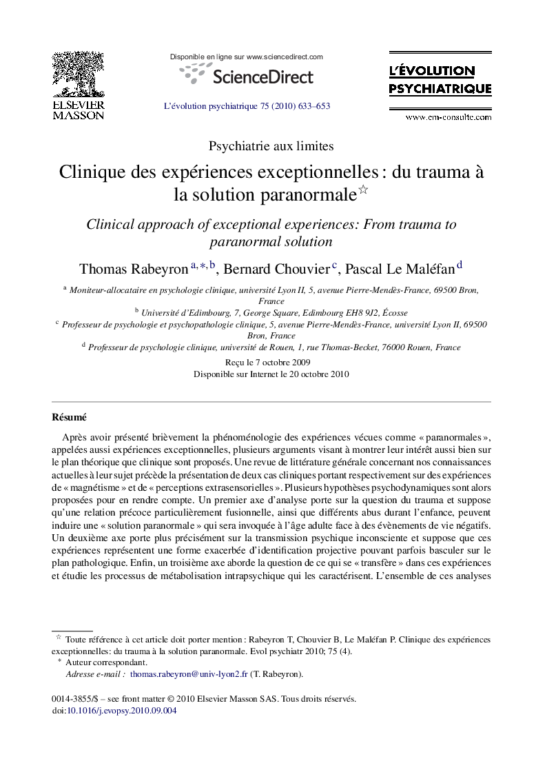 Clinique des expériences exceptionnelles : du trauma à la solution paranormale 