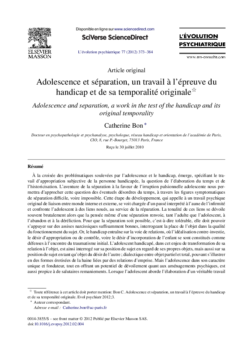 Adolescence et séparation, un travail à l’épreuve du handicap et de sa temporalité originale 