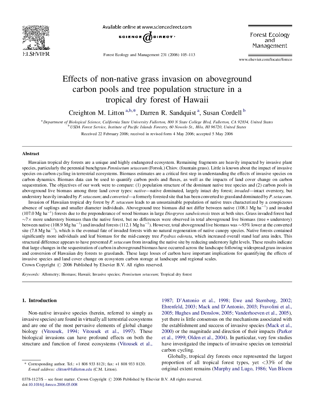 Effects of non-native grass invasion on aboveground carbon pools and tree population structure in a tropical dry forest of Hawaii