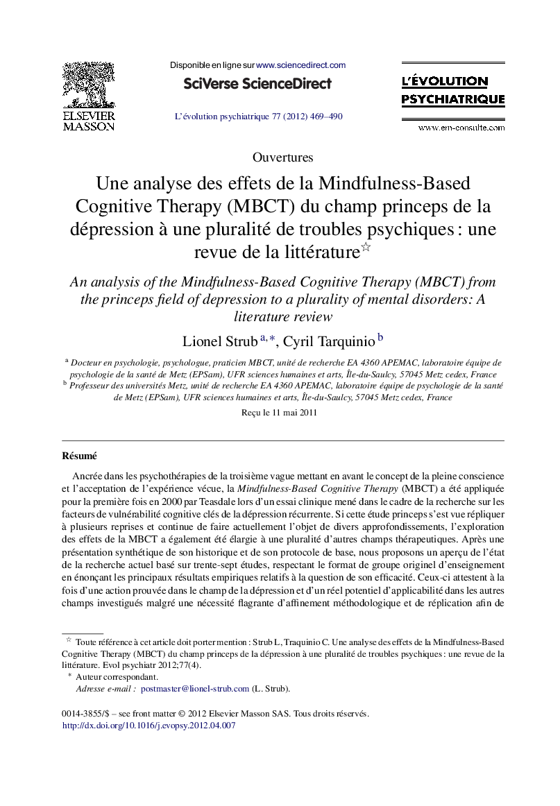 Une analyse des effets de la Mindfulness-Based Cognitive Therapy (MBCT) du champ princeps de la dépression à une pluralité de troubles psychiques : une revue de la littérature 