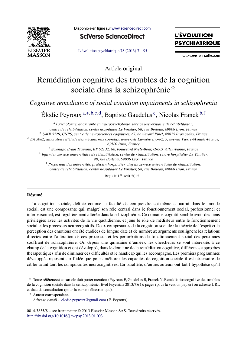 Remédiation cognitive des troubles de la cognition sociale dans la schizophrénie 