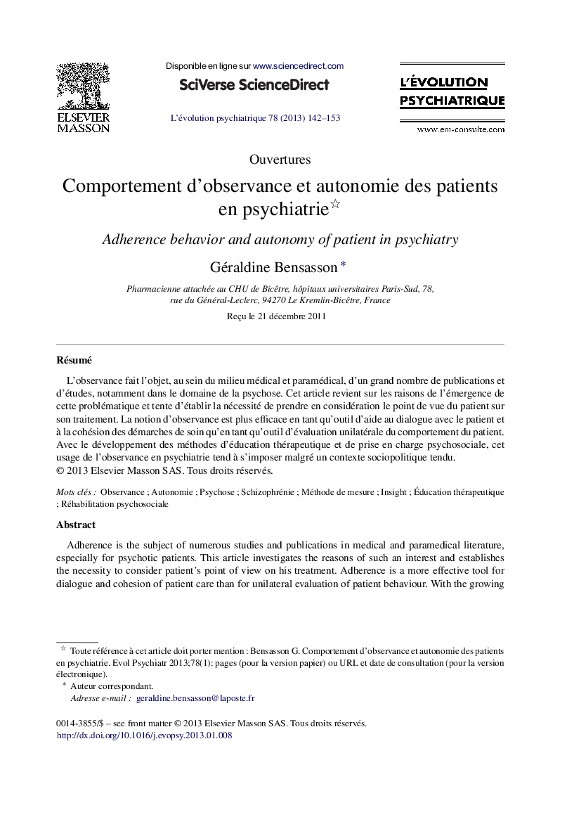 Comportement d’observance et autonomie des patients en psychiatrie 