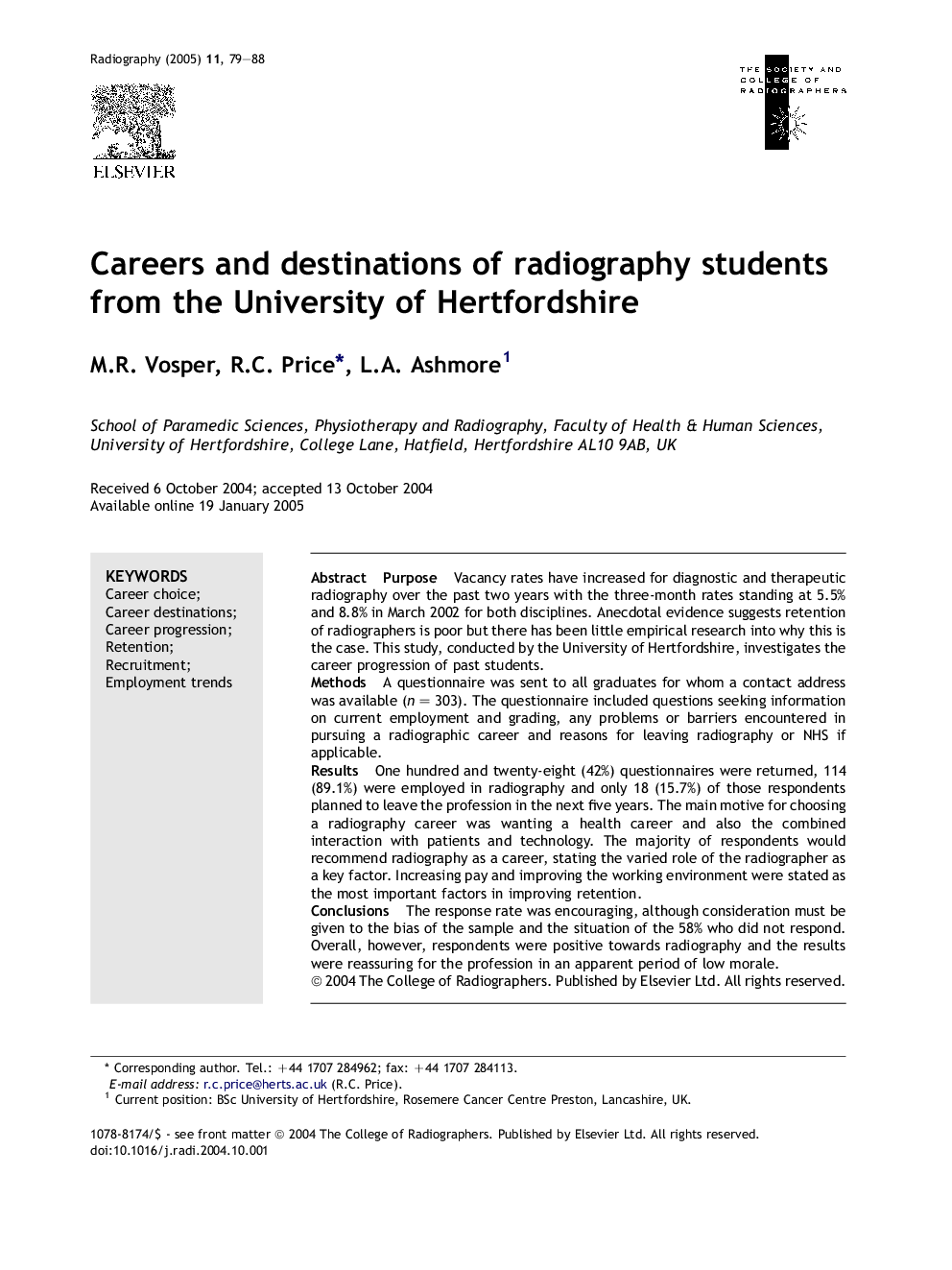 Careers and destinations of radiography students from the University of Hertfordshire