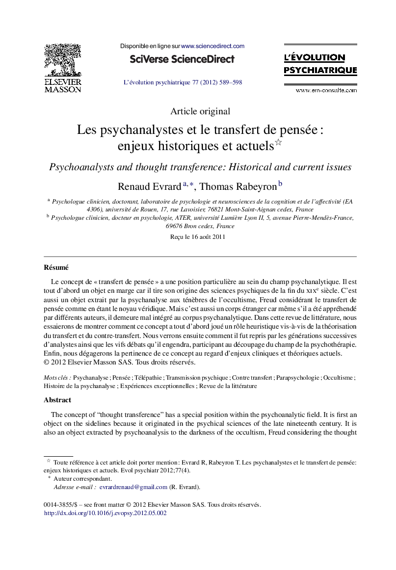 Les psychanalystes et le transfert de pensée : enjeux historiques et actuels 