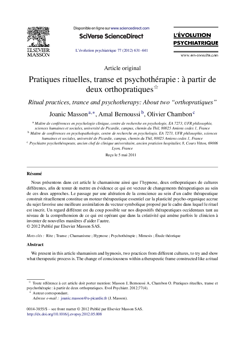 Pratiques rituelles, transe et psychothérapie : à partir de deux orthopratiques 