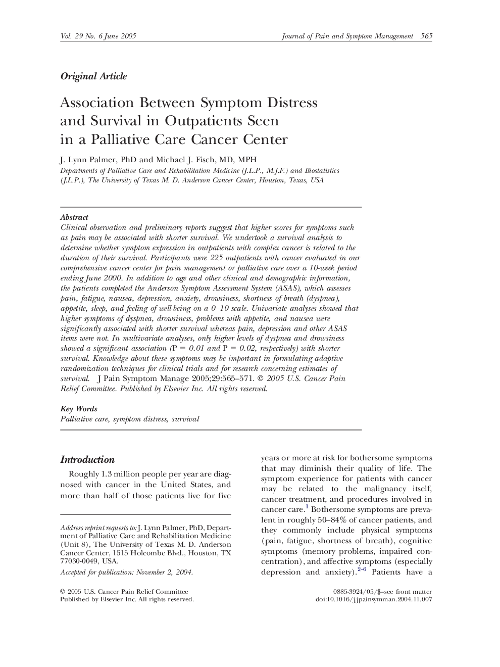 Association Between Symptom Distress and Survival in Outpatients Seen in a Palliative Care Cancer Center