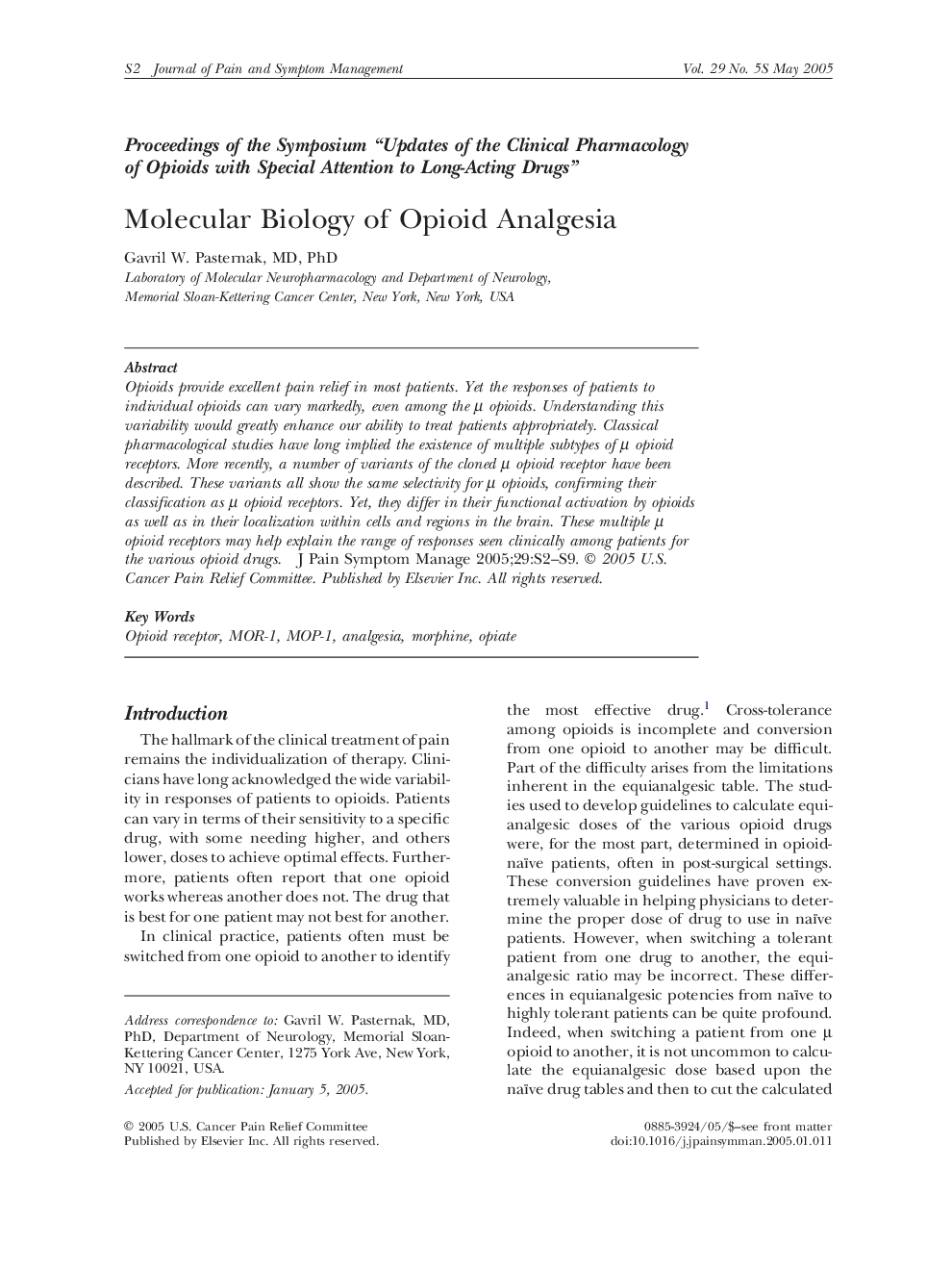 Molecular Biology of Opioid Analgesia