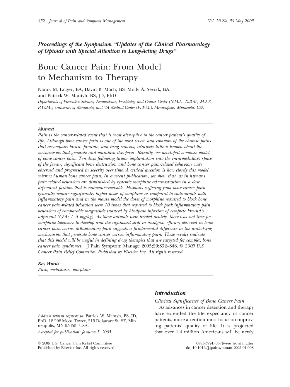 Bone Cancer Pain: From Model to Mechanism to Therapy