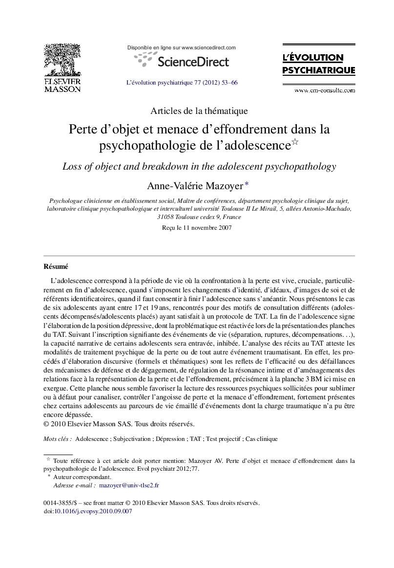 Perte d’objet et menace d’effondrement dans la psychopathologie de l’adolescence 