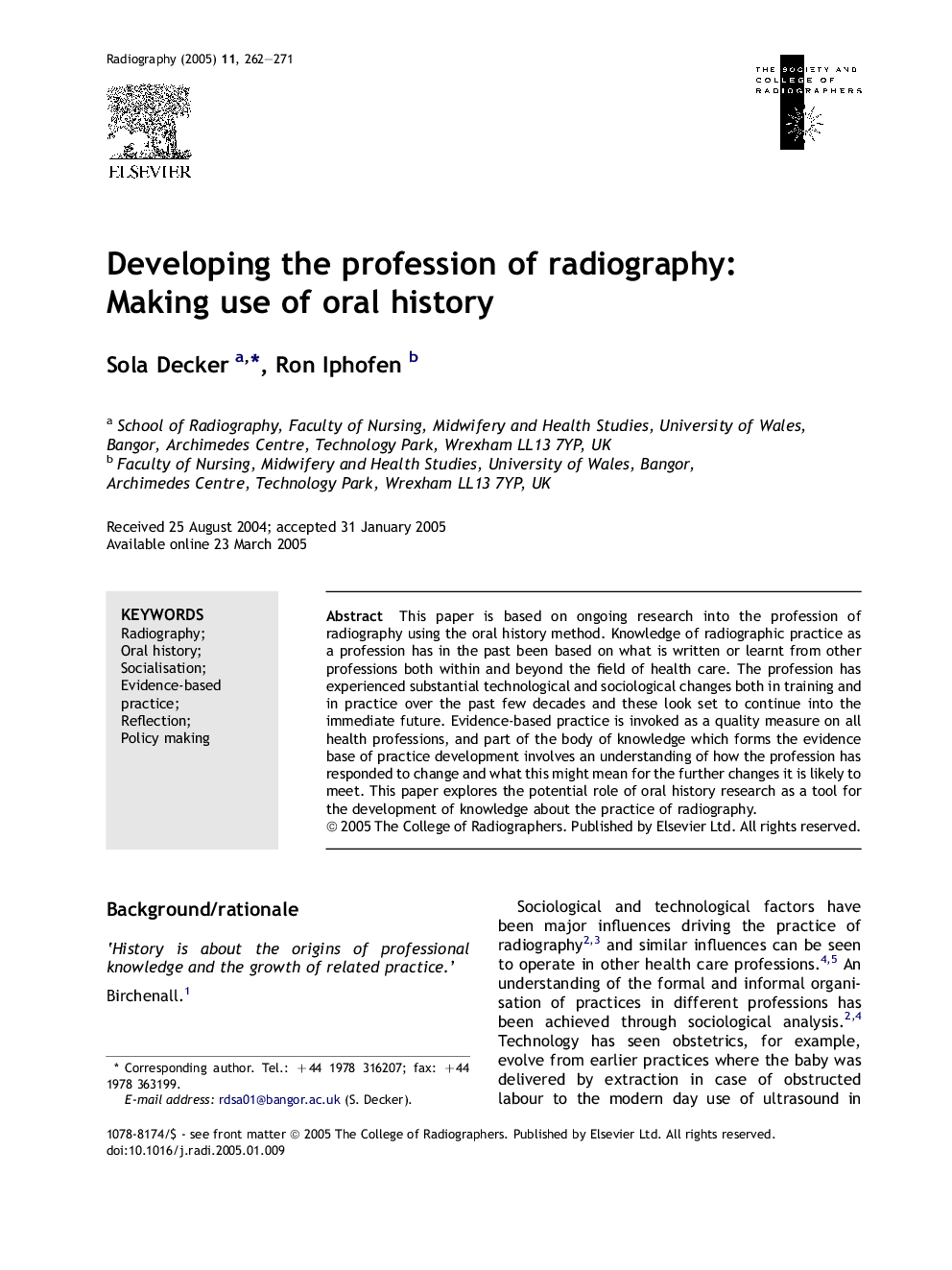 Developing the profession of radiography: Making use of oral history