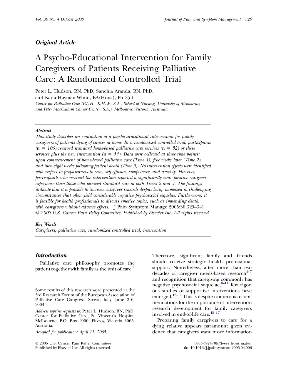 A Psycho-Educational Intervention for Family Caregivers of Patients Receiving Palliative Care: A Randomized Controlled Trial