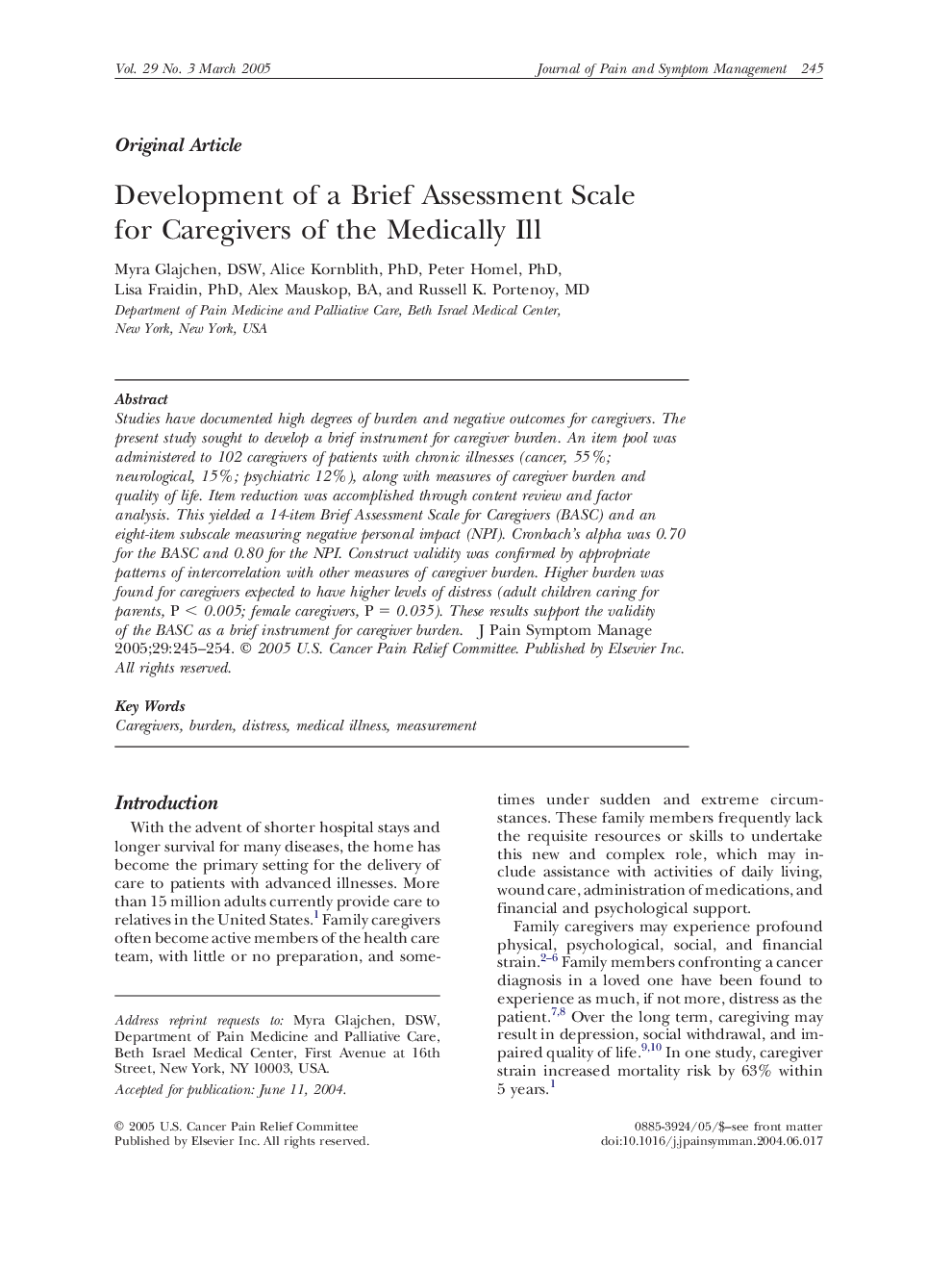 Development of a Brief Assessment Scale for Caregivers of the Medically Ill