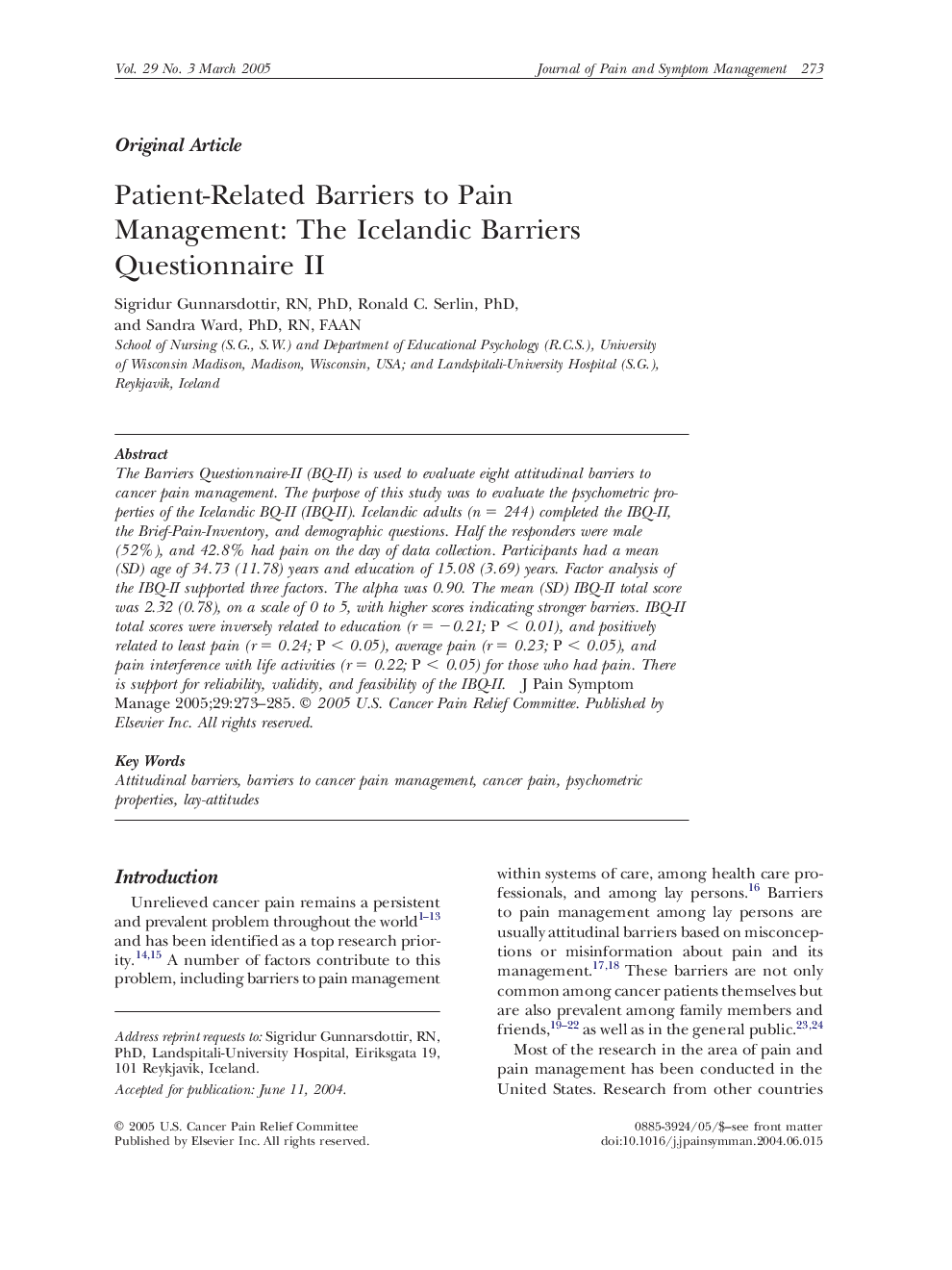 Patient-Related Barriers to Pain Management: The Icelandic Barriers Questionnaire II