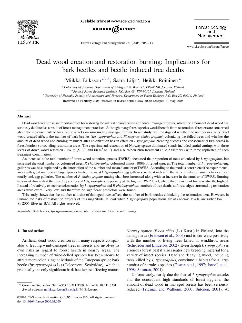 Dead wood creation and restoration burning: Implications for bark beetles and beetle induced tree deaths